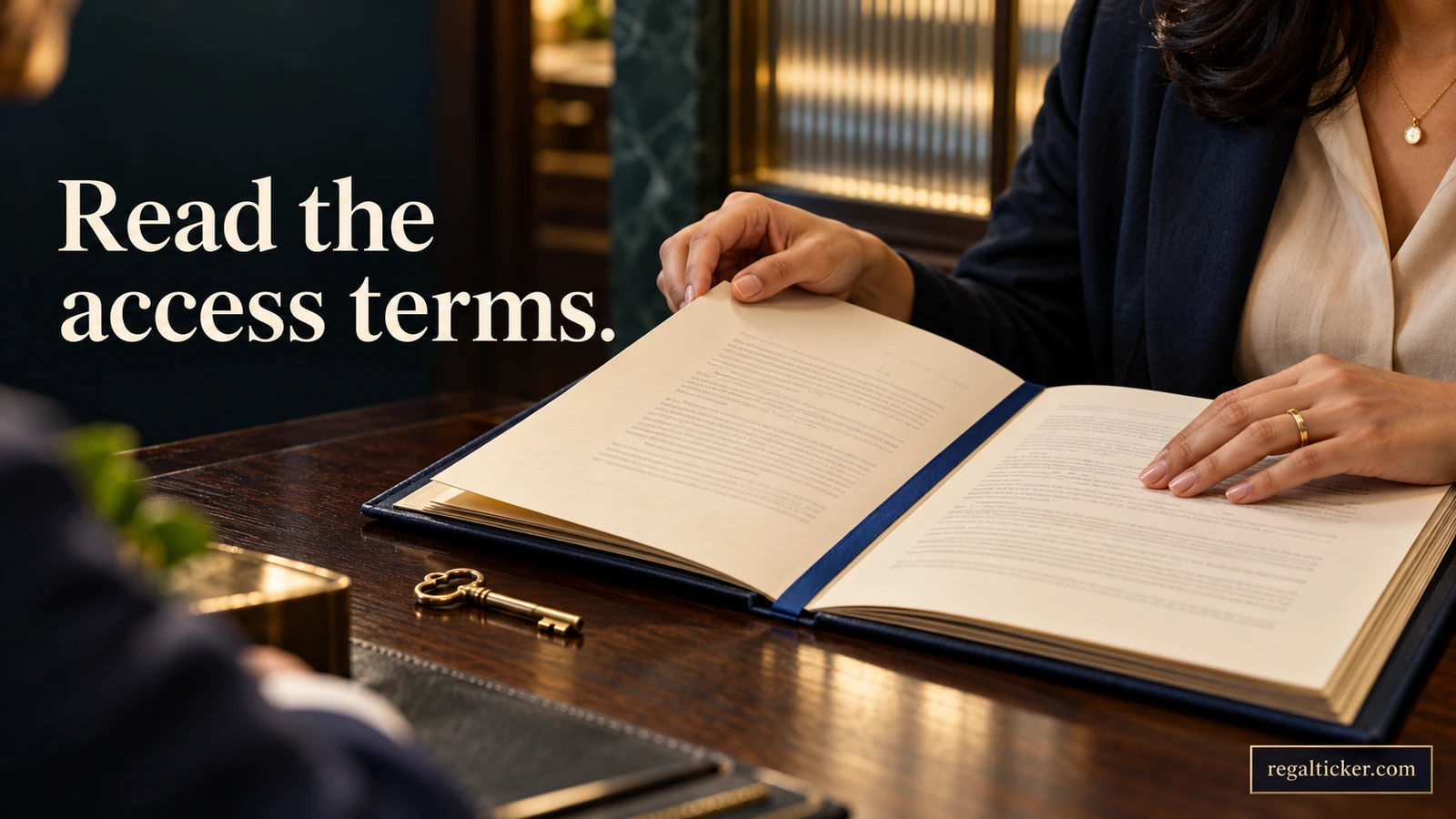 Hands review the access terms of a deposit contract at a quiet bank counter, beneath the title Read the access terms.