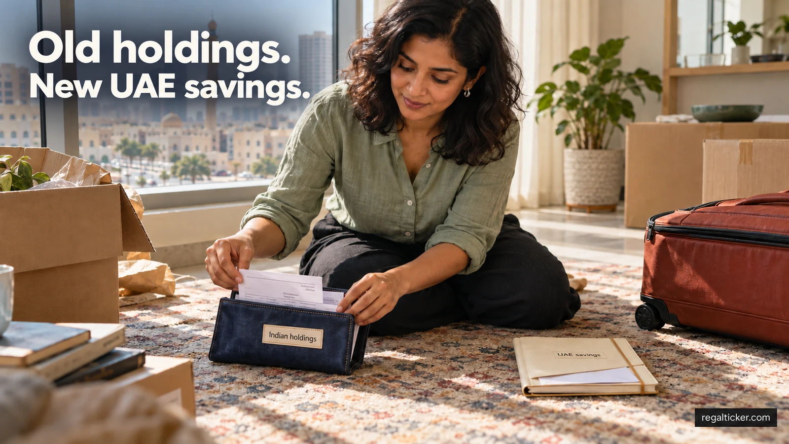 In a newly occupied UAE apartment, a woman separates a used Indian holdings wallet from a new UAE savings notebook while unpacking. Image title: Old holdings. New UAE savings.