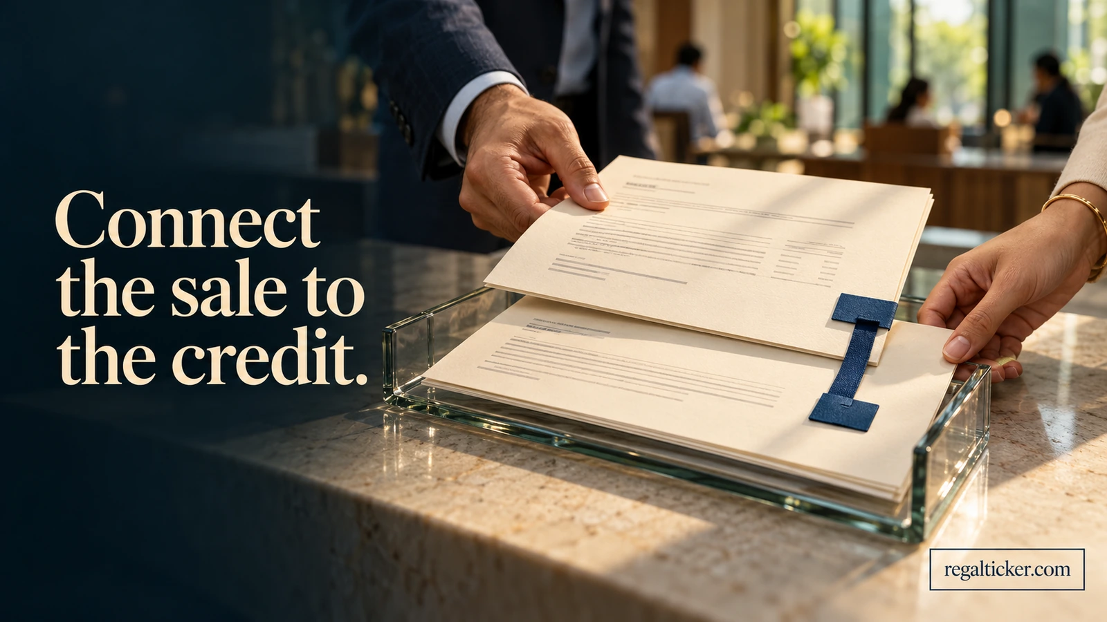 Two statements with linked blue index tabs are compared at a verification counter, beneath the title Connect the sale to the credit.