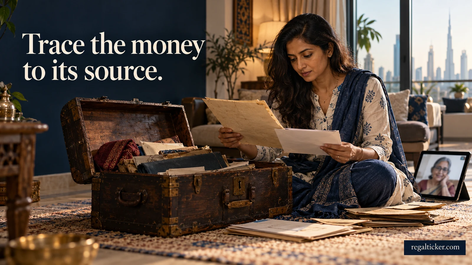 An Indian woman traces an original investment record while speaking with a family member who kept earlier papers. Image title: Trace the money to its source.