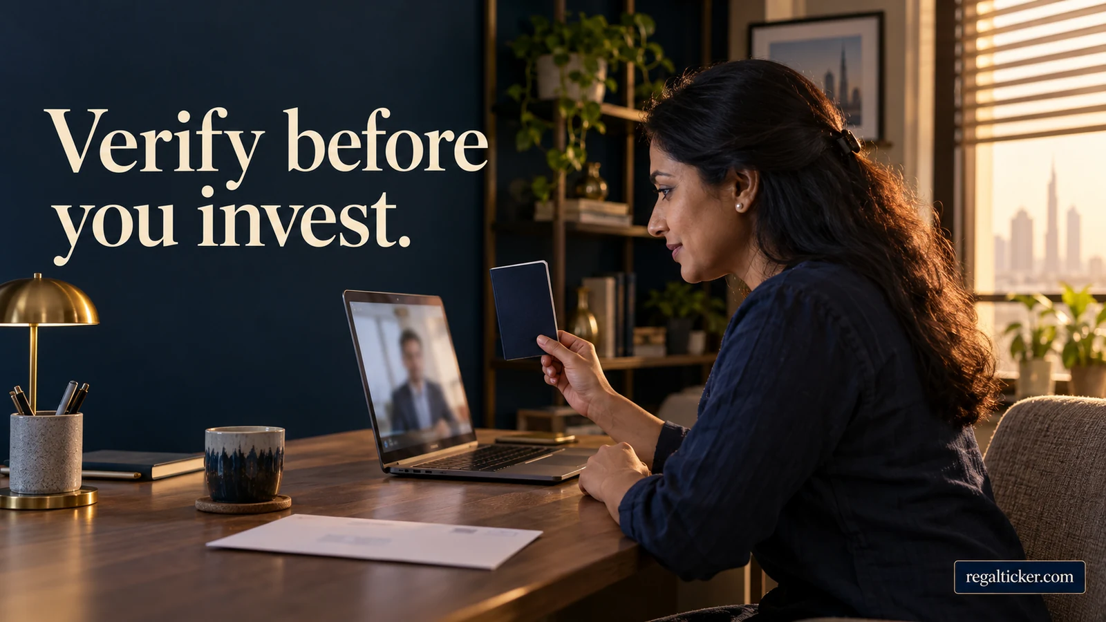 An Indian woman in a UAE apartment prepares a closed identity booklet during a remote verification call. Image title: Verify before you invest.