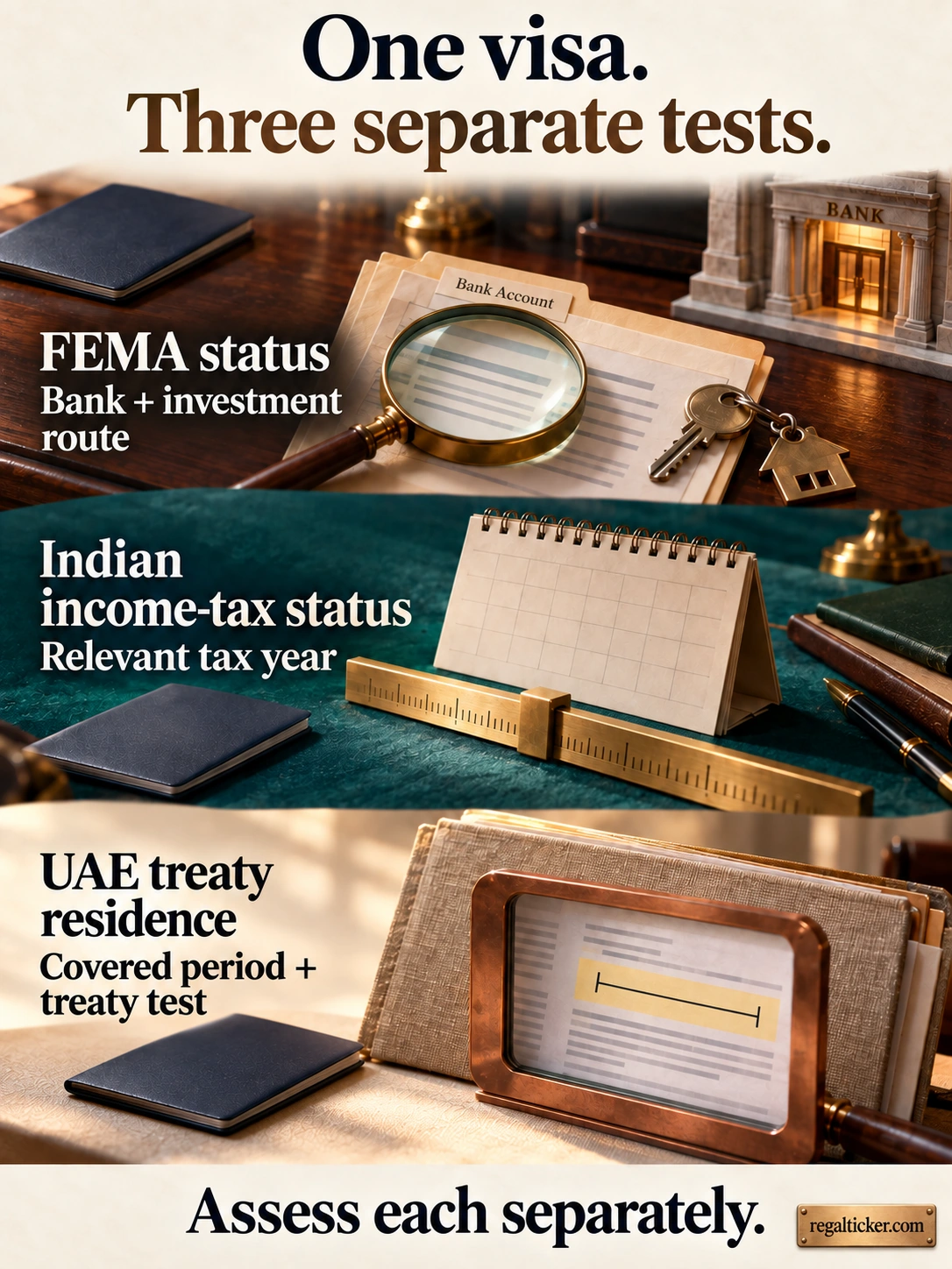Three separate residency assessments shown through a bank folder, tax-year calendar and treaty-period window: FEMA status, Indian income-tax status and UAE treaty residence