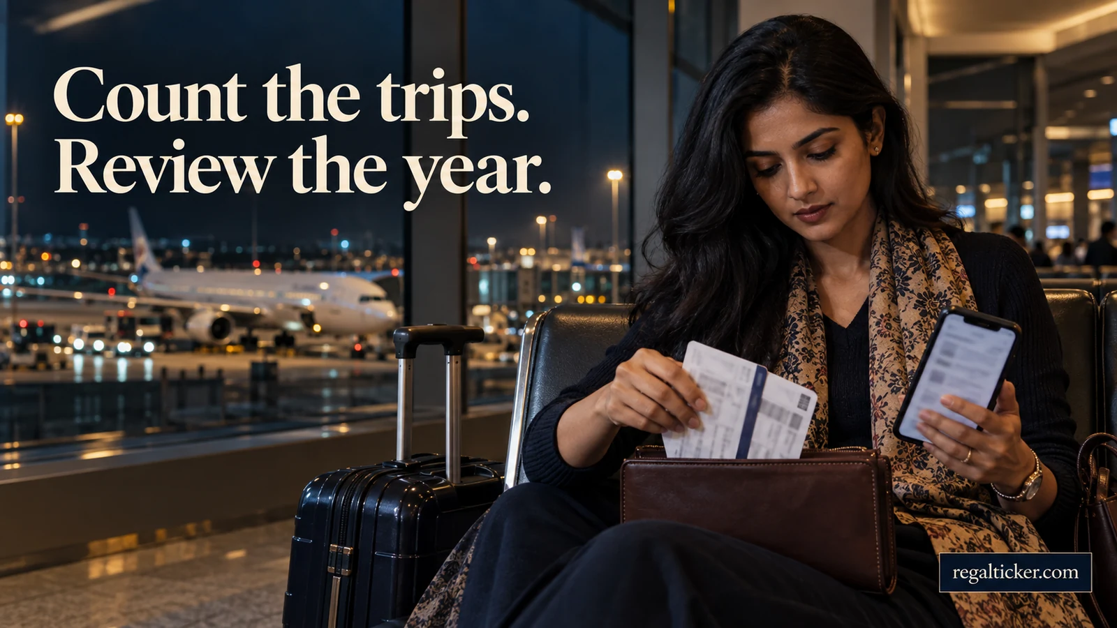 An Indian woman in an airport departure lounge places several boarding passes into a travel-record pouch. Image title: Count the trips. Review the year.