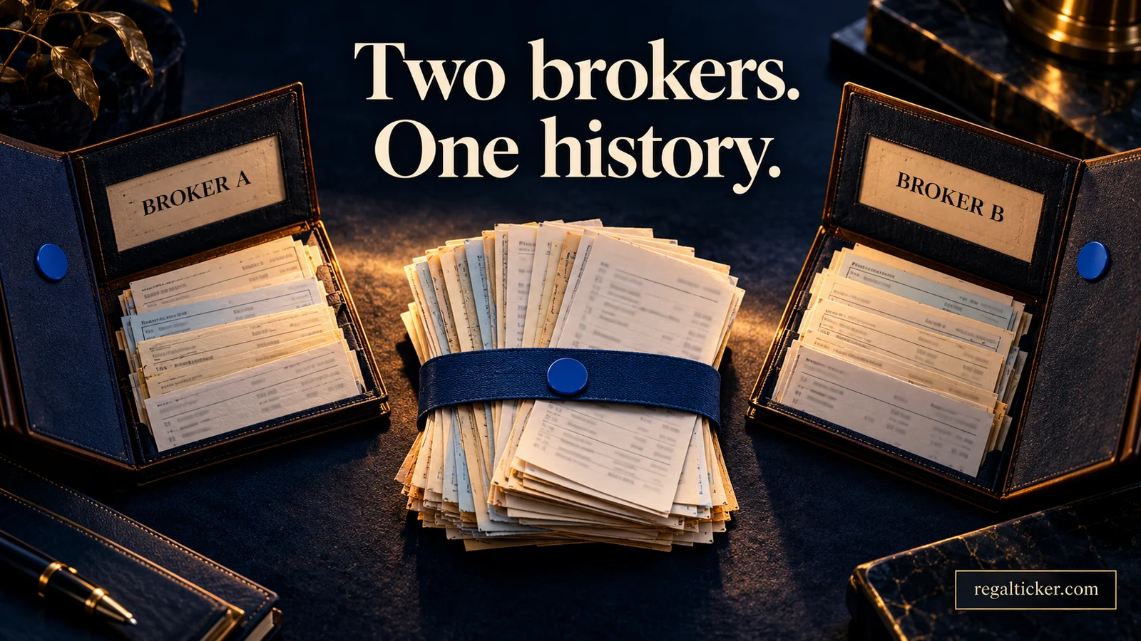 Two broker folios with matching blue tokens surround a single organised trade history beneath the title Two brokers. One history.