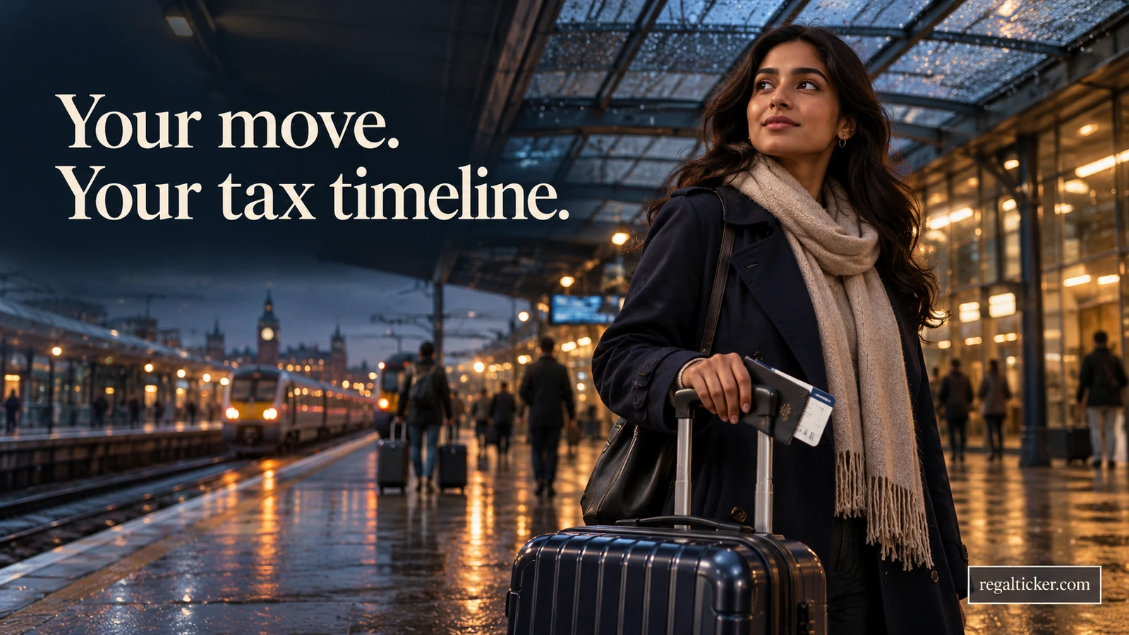 An Indian woman on an illustrative British train platform with a suitcase and travel wallet, representing her move to the UK.