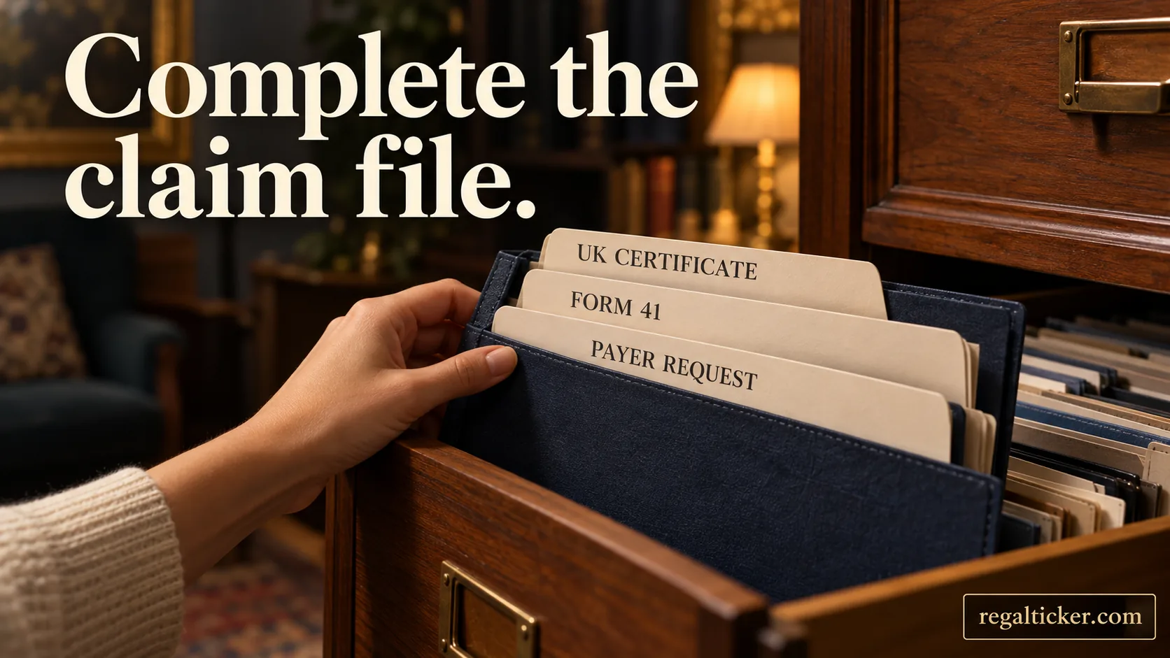 A claim file contains separate cards labelled UK Certificate, Form 41 and Payer Request, under the title Complete the claim file.