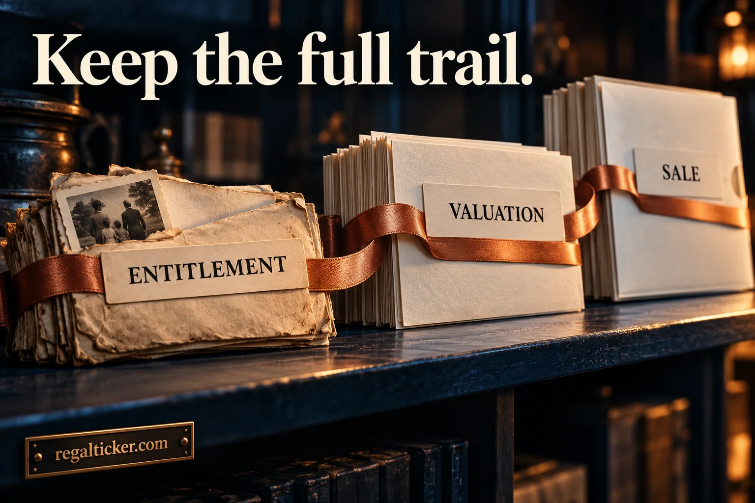 A copper ribbon connects document bundles labelled Entitlement, Valuation and Sale beneath the title Keep the full trail.