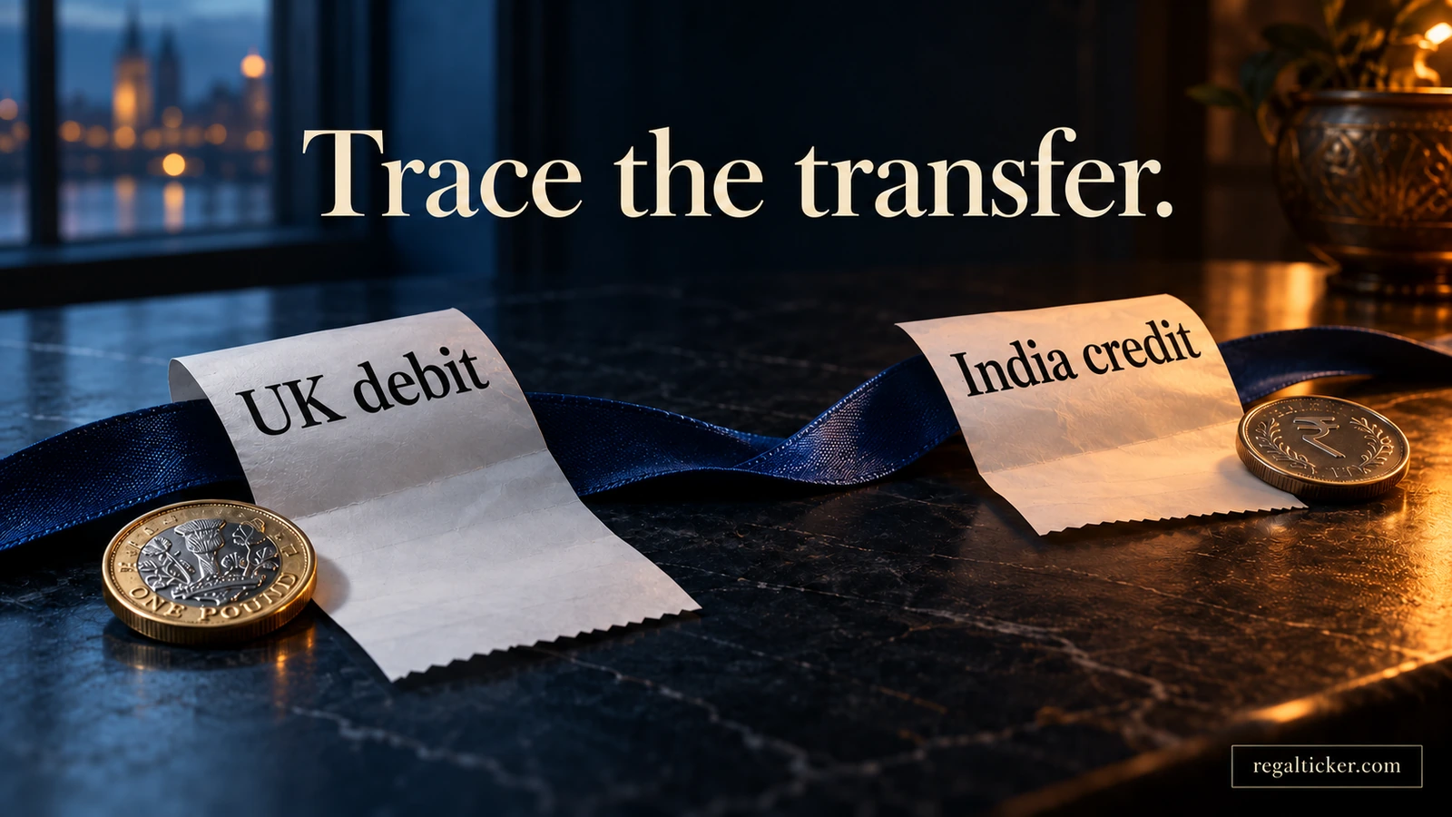 Illustrative UK debit and India credit receipts joined by a navy ribbon, showing the two records in a cross-border transfer trail.