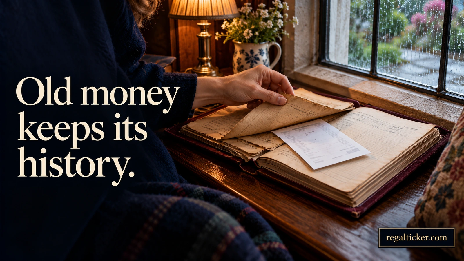 A hand lifts an older statement beside a new receipt in a worn ledger, beneath the title Old money keeps its history.