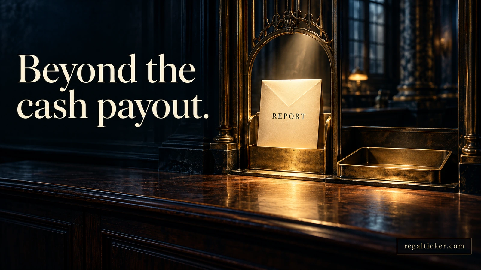 An illuminated report envelope sits beside an empty brass cash tray, beneath the title Beyond the cash payout.