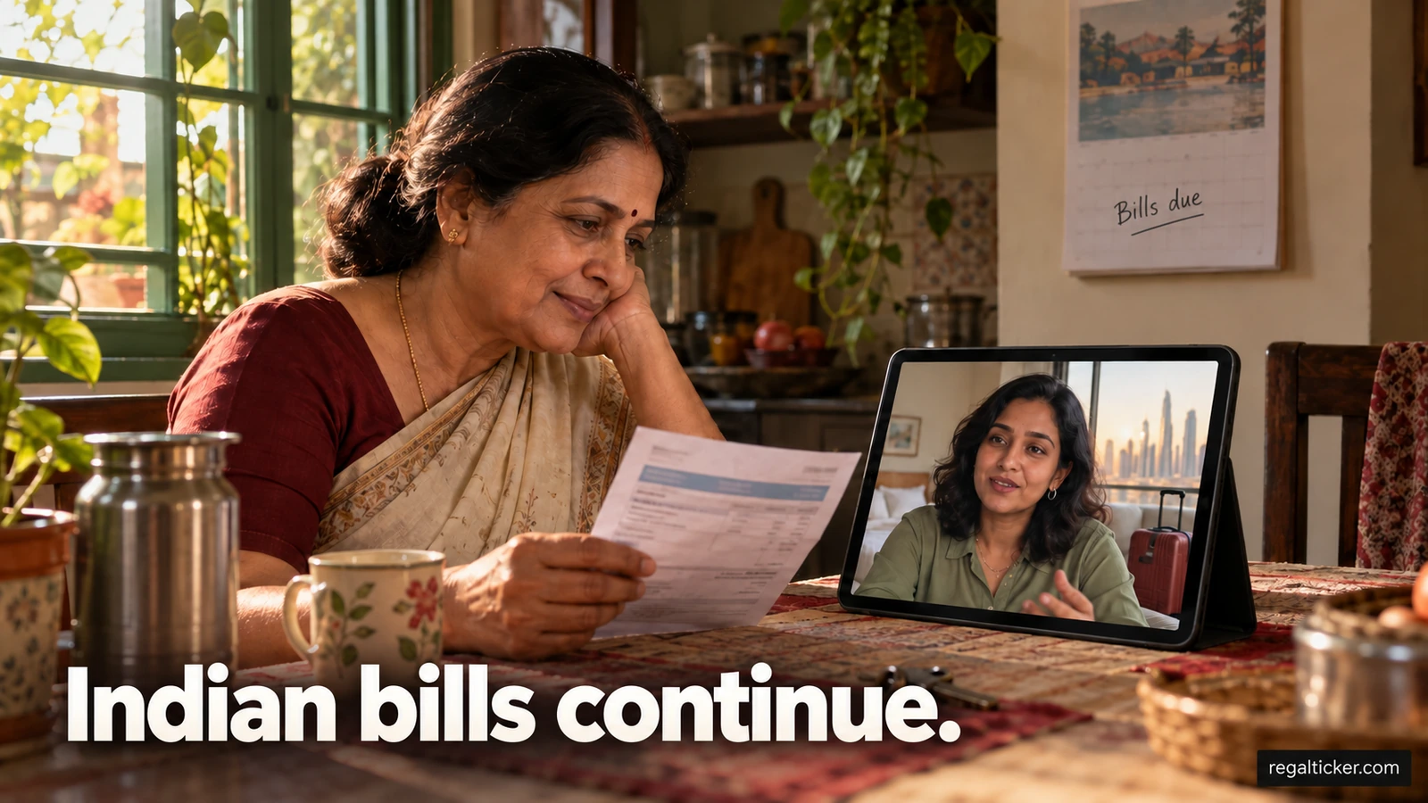A mother in an Indian home discusses household bills on a video call with her daughter who has just arrived in the UAE. Image title: Indian bills continue.
