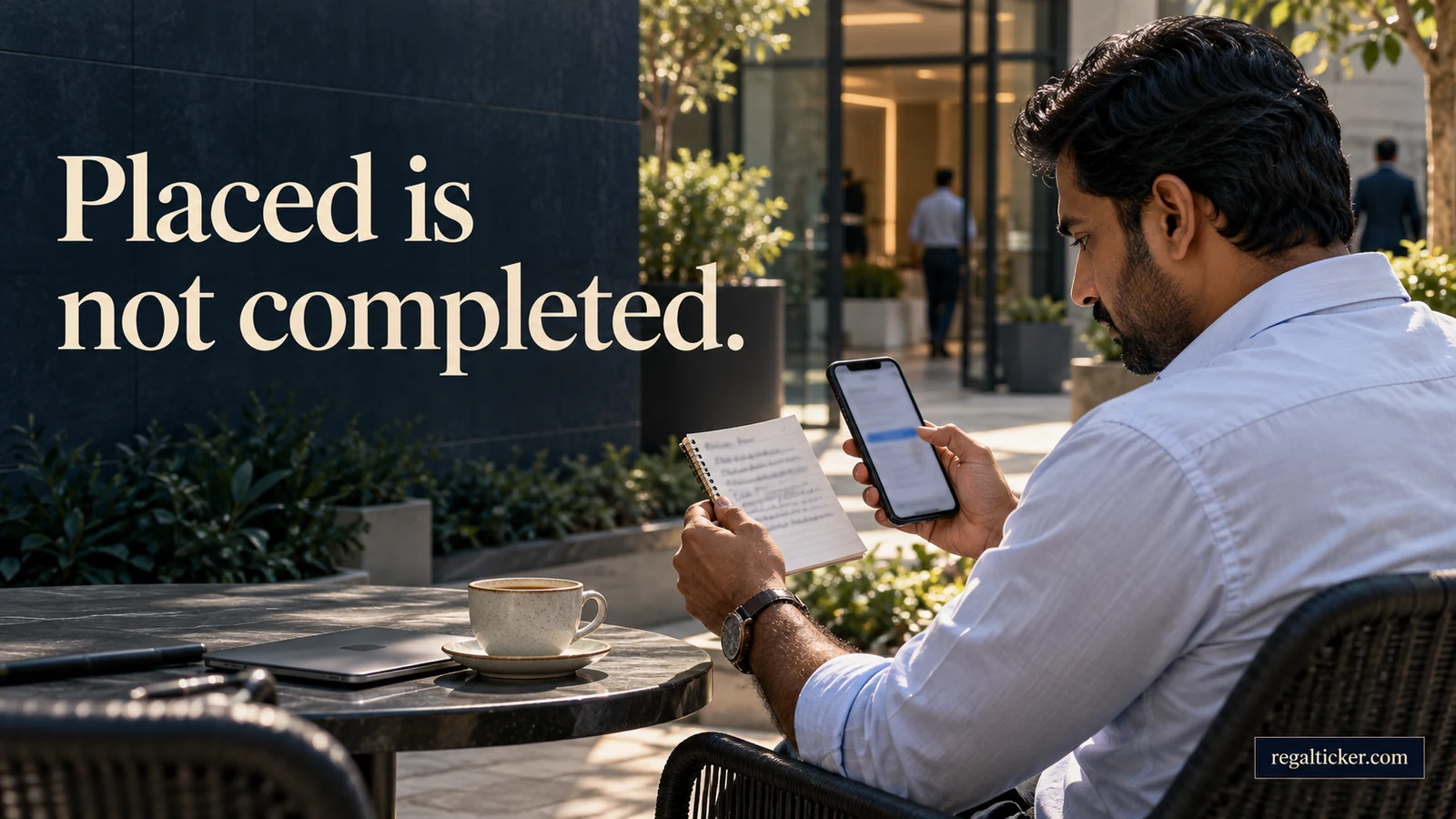 An Indian man checks a saved order acknowledgement against his personal order note during a work break. Image title: Placed is not completed.