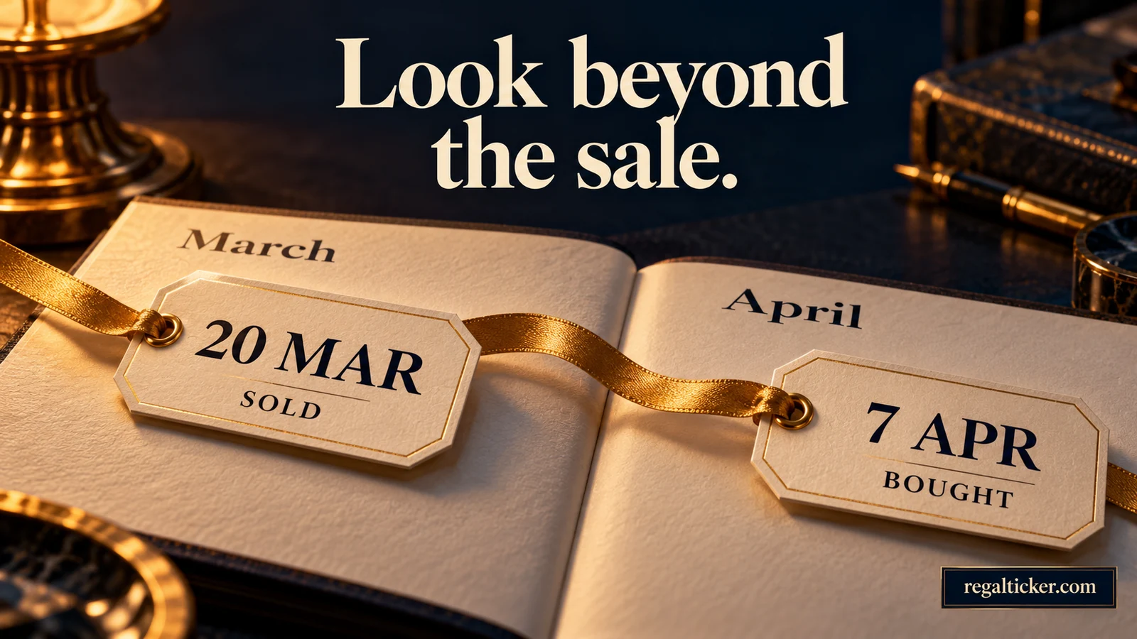 A gold ribbon connects tags reading 20 MAR SOLD and 7 APR BOUGHT across March and April pages beneath the title Look beyond the sale.