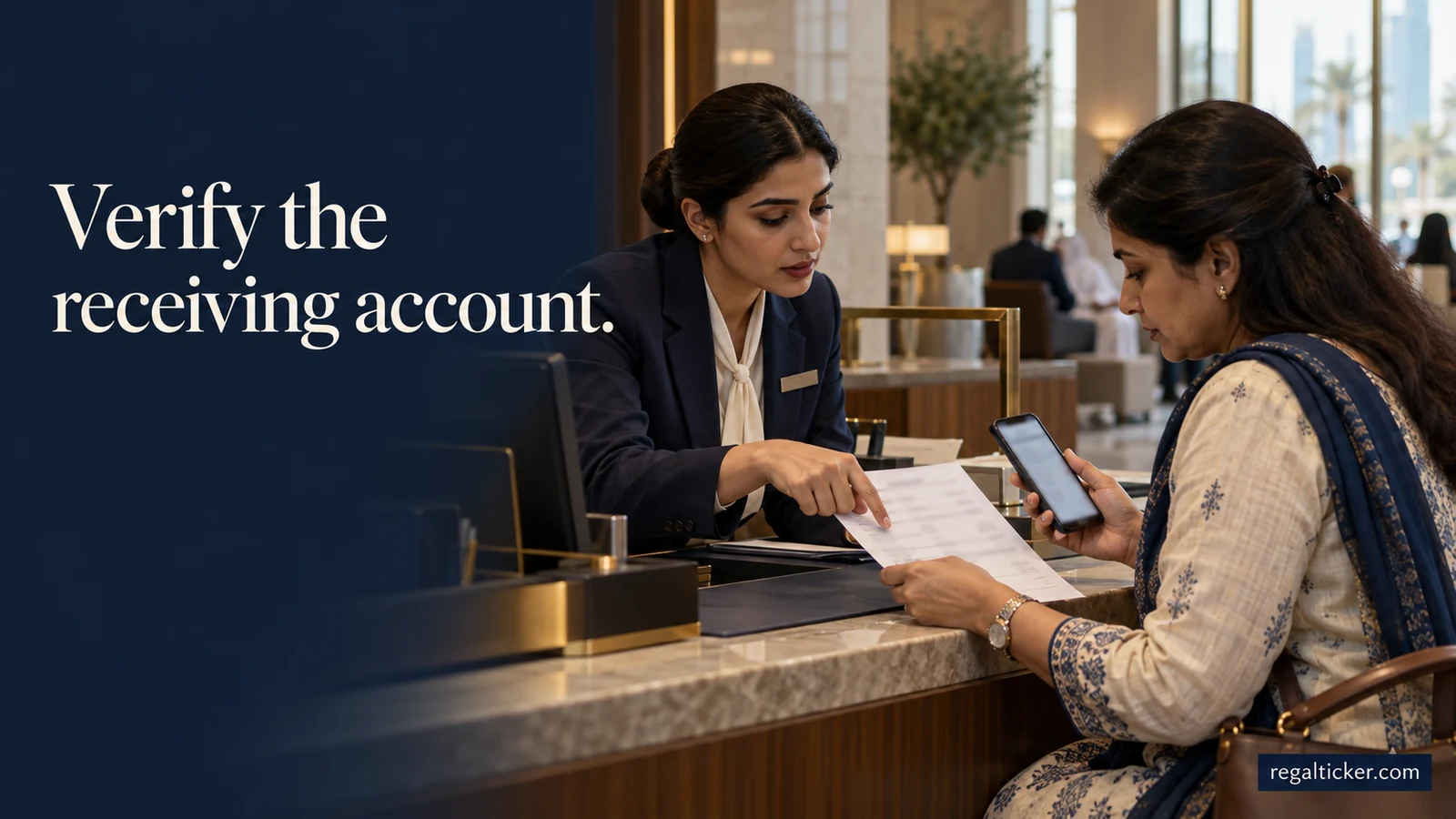 An Indian woman checks a printed UAE account-details sheet against her phone with help from a bank staff member. Image title: Verify the receiving account.