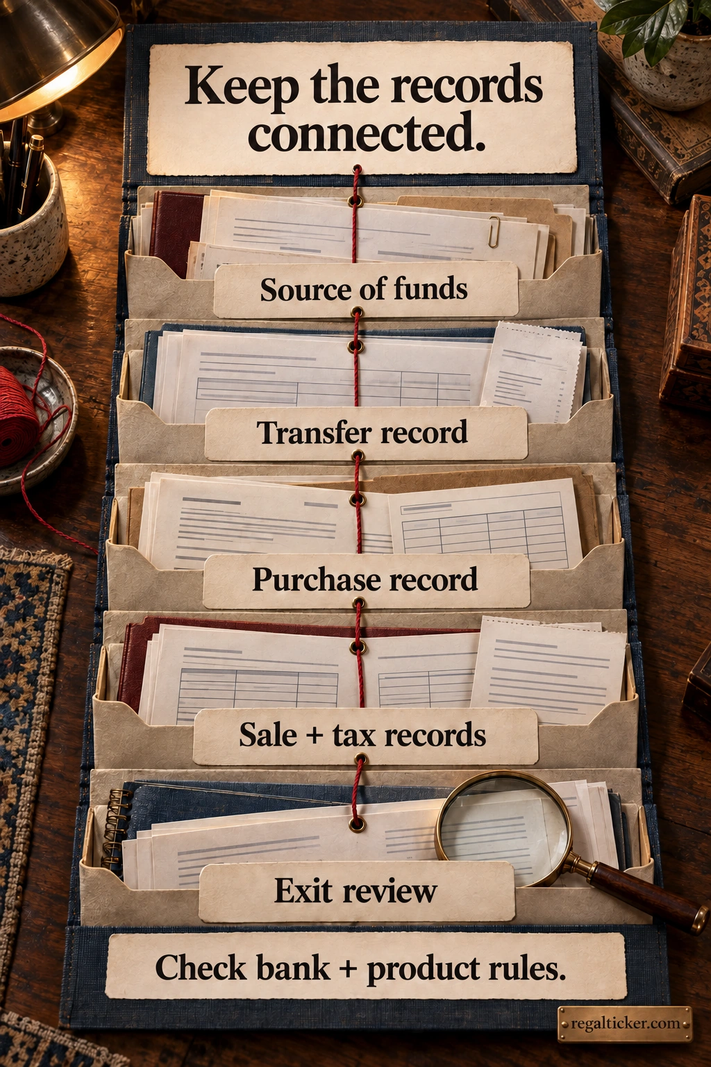 Five record sets in an accordion folder connected by a crimson thread: source of funds, transfer, purchase, sale and tax, and exit review