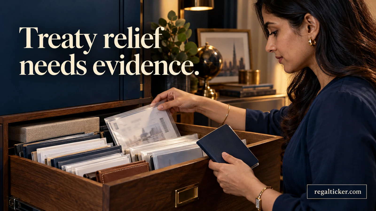 An Indian woman places an evidence sleeve into a tax dossier while holding a closed passport beside an archive drawer. Image title: Treaty relief needs evidence.