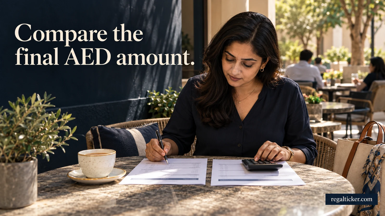 An Indian woman compares two remittance quotations before selecting a transfer for a UAE expense. Image title: Compare the final AED amount.