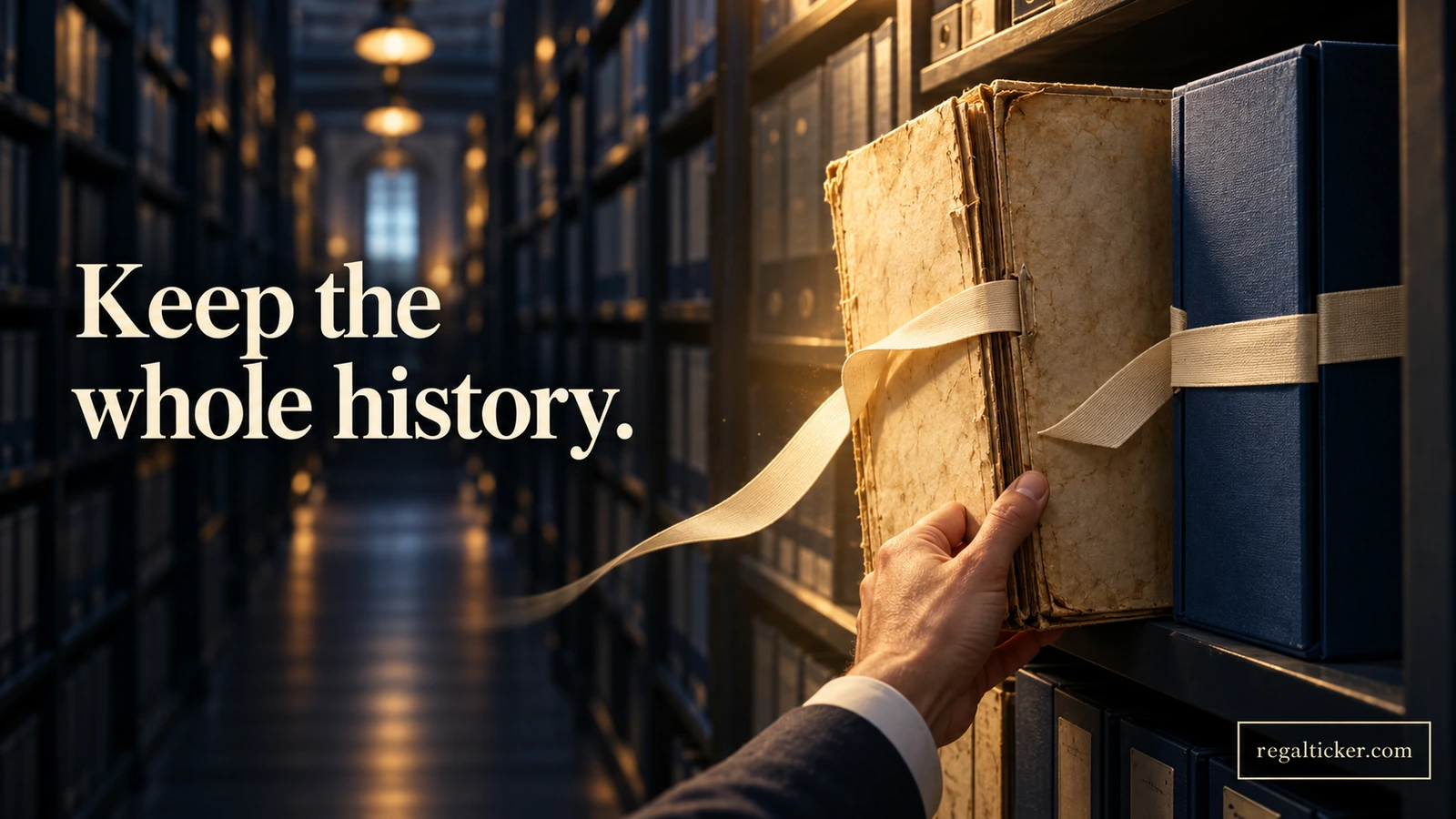 A hand retrieves an old holding file beside a newer file joined by an archival ribbon, beneath the title Keep the whole history.
