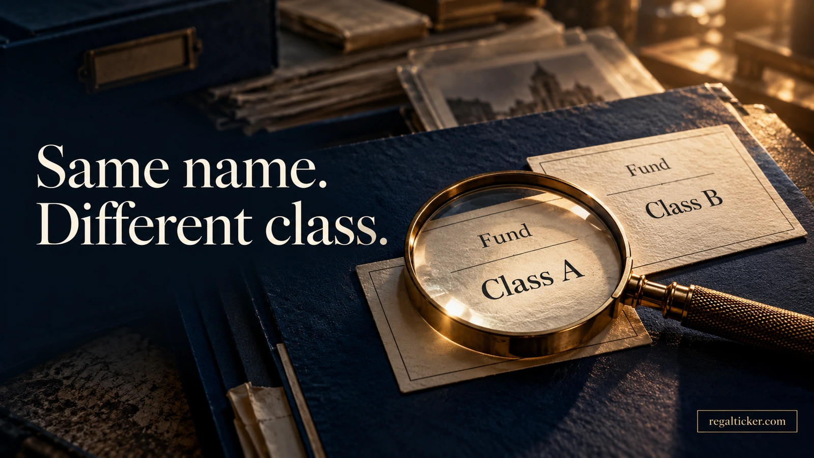 A magnifying glass highlights a Class A holding record beside a Class B record, showing why the exact fund class matters.