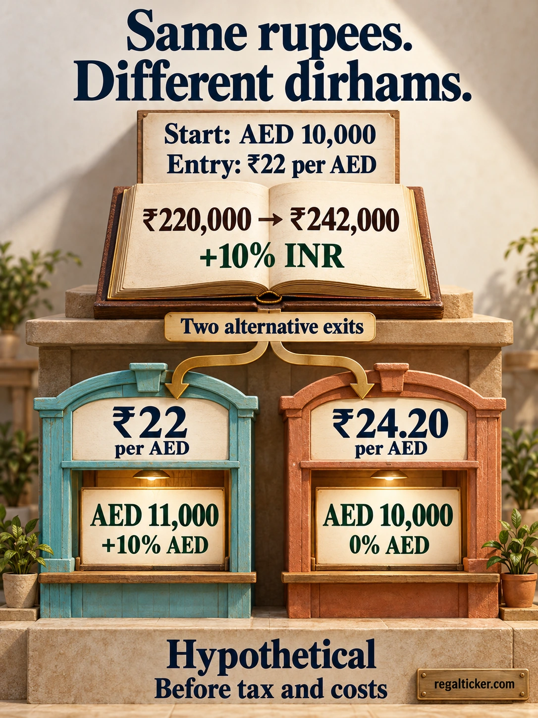 One INR ledger rising from ₹220,000 to ₹242,000 branches to two hypothetical exchange counters: ₹22 per AED gives AED 11,000 and +10%, while ₹24.20 per AED gives AED 10,000 and 0%, before tax and costs