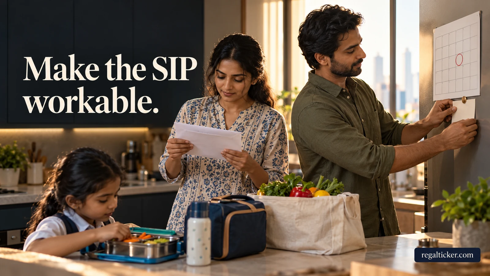 An Indian couple organises a monthly planning calendar and bank records around their household budget. Image title: Make the SIP workable.