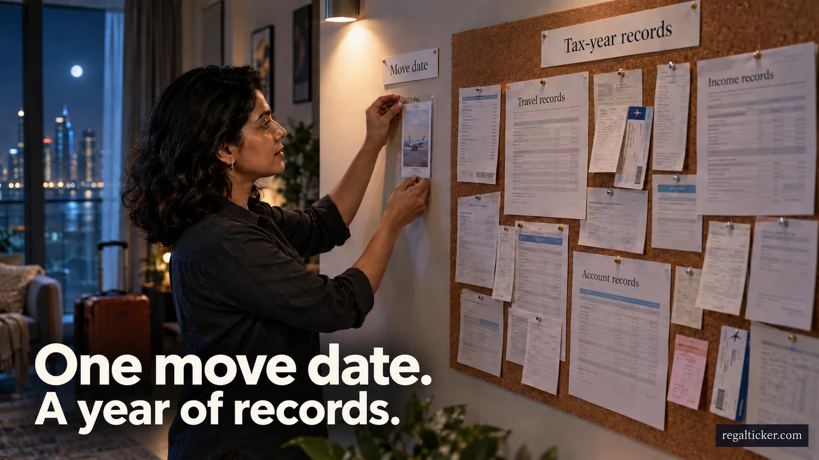 A woman in her UAE home places a move-date travel record beside a wider collection of documents labeled tax-year records. Image title: One move date. A year of records.