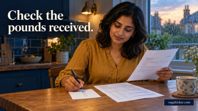 An Indian woman compares a bank letter with a transfer confirmation and marks a checklist, beneath the title Check the pounds received.