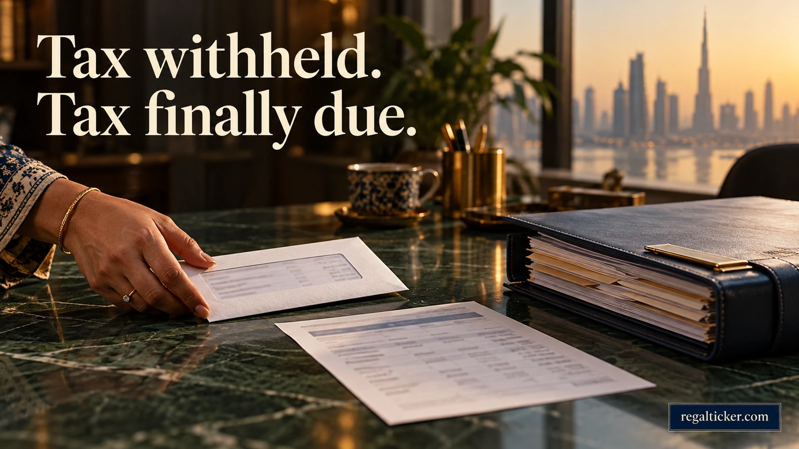 A woman moves a statement envelope towards a larger annual tax-review file, showing two stages of reviewing investment income. Image title: Tax withheld. Tax finally due.