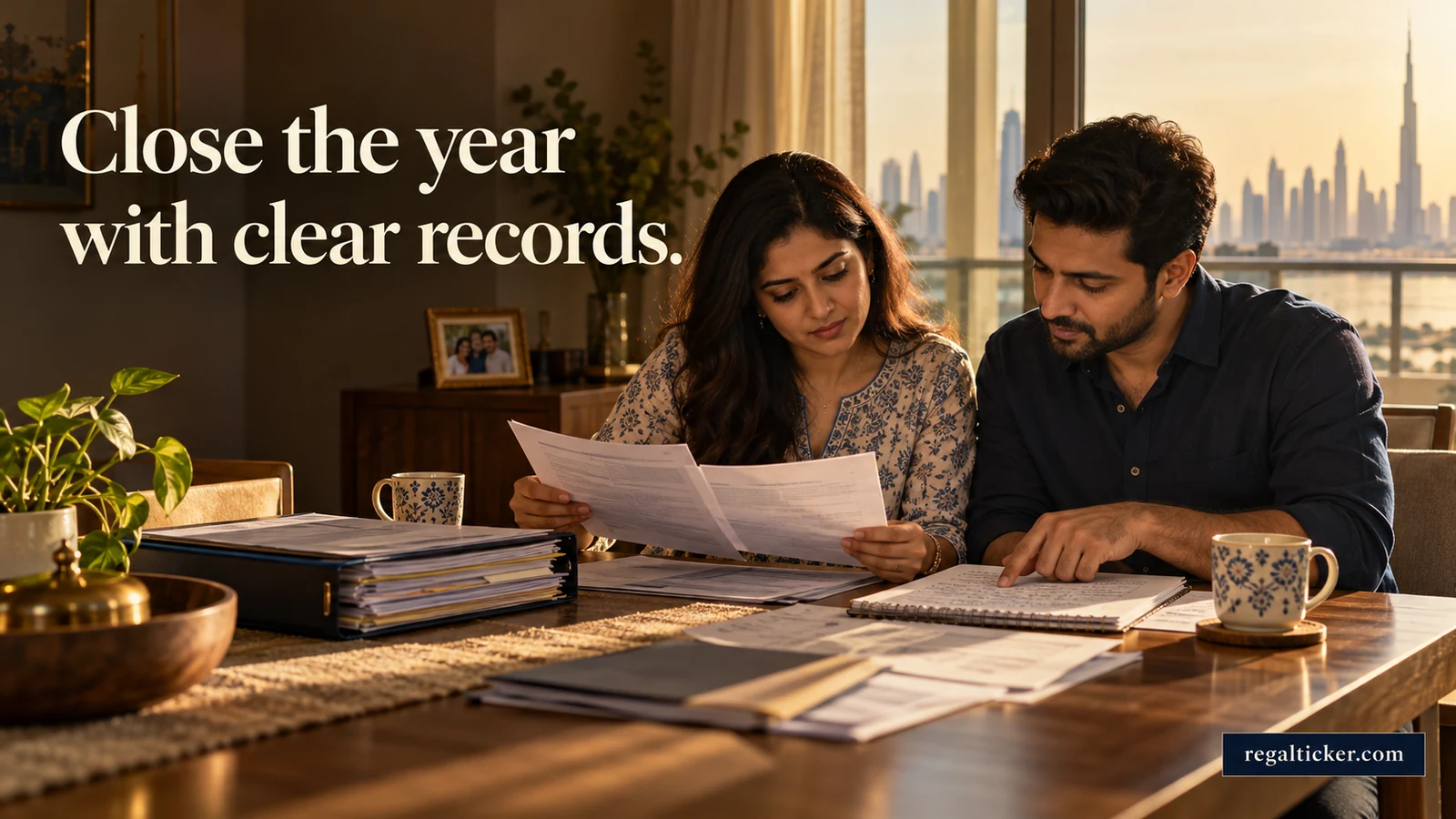 An Indian couple compares investment statements with a reconciliation notebook at home in the UAE. Image title: Close the year with clear records.