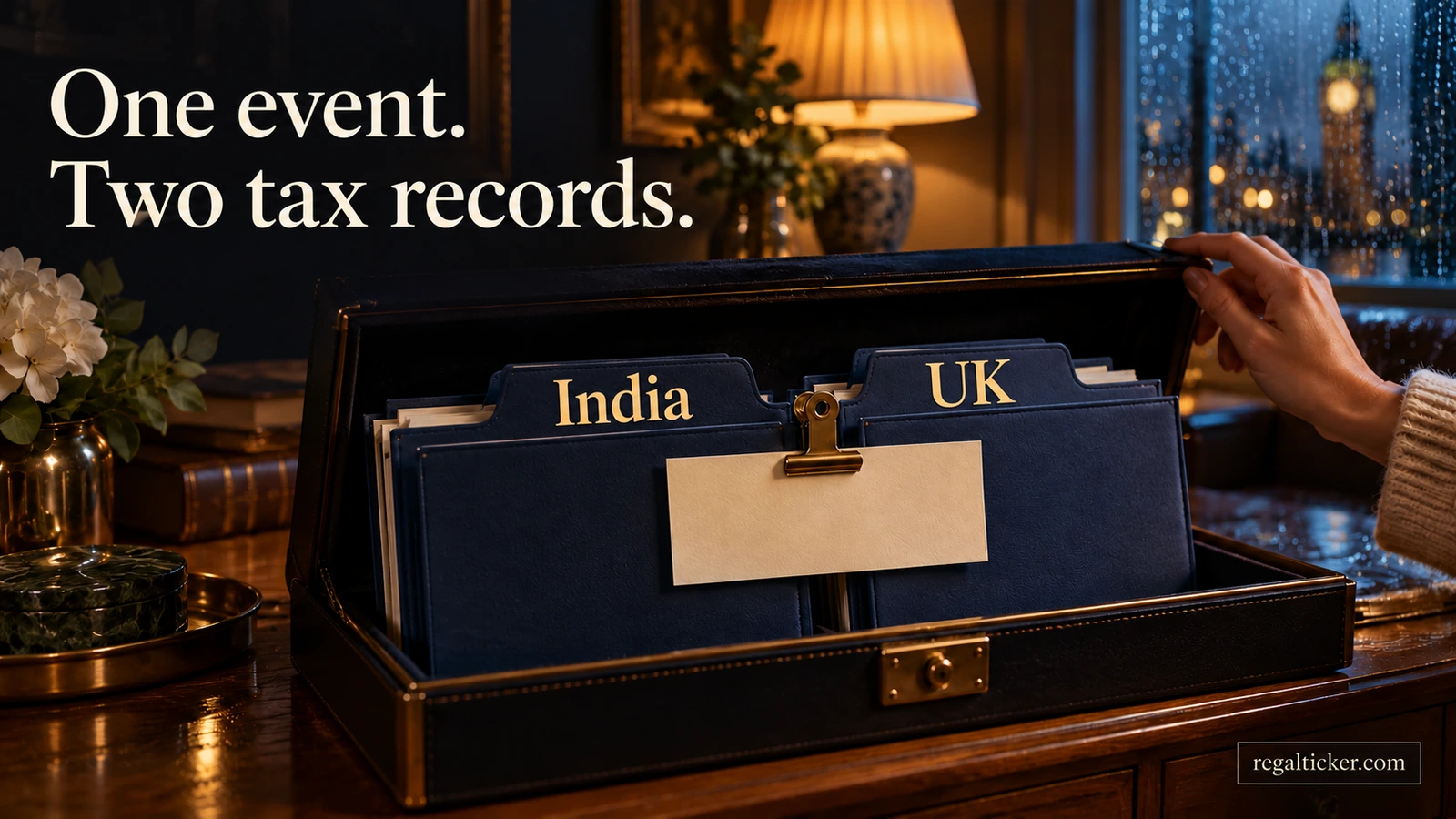 India and UK folders in an archival case share one blank event card, representing records for the same investment event.
