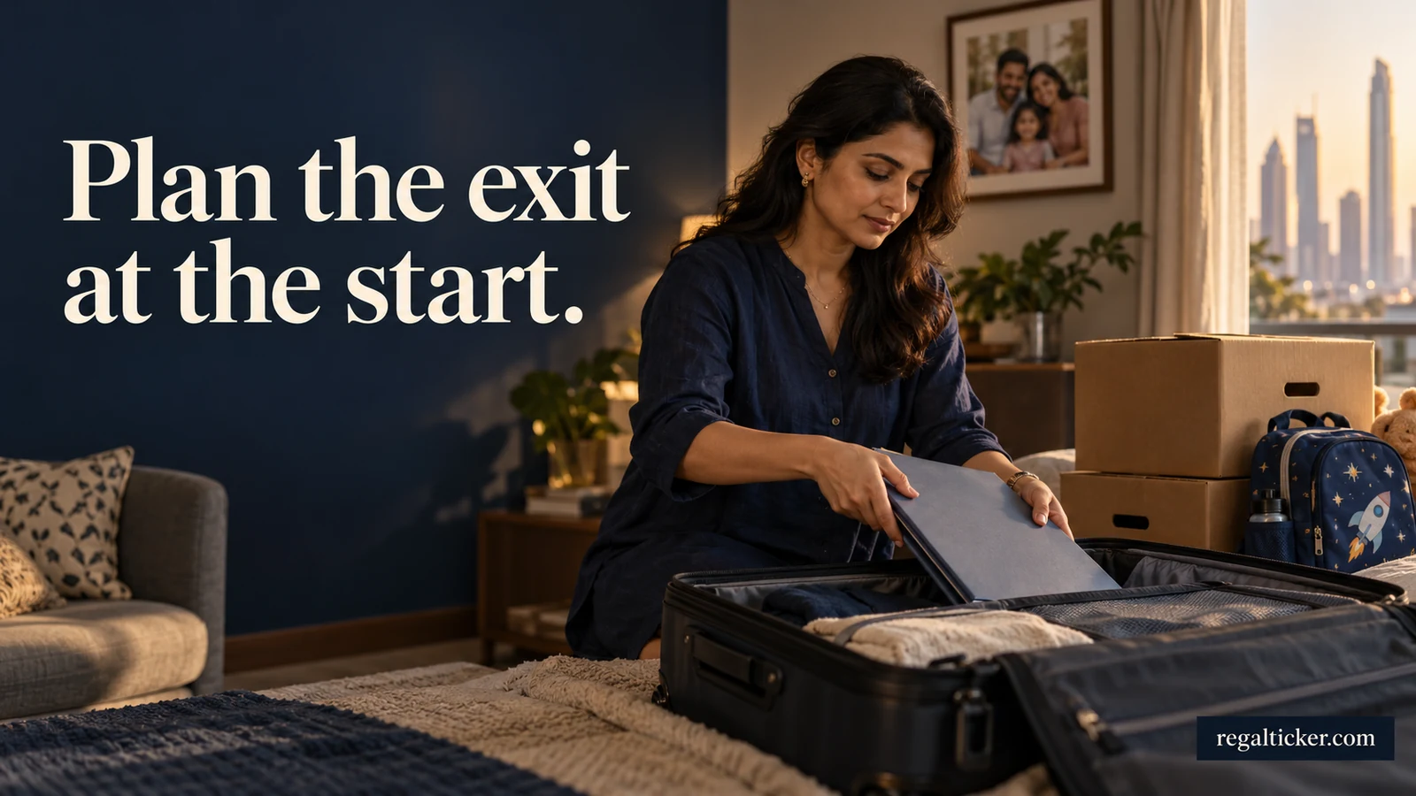 An Indian woman places an investment-record folder into a travel bag while planning a future family move. Image title: Plan the exit at the start.