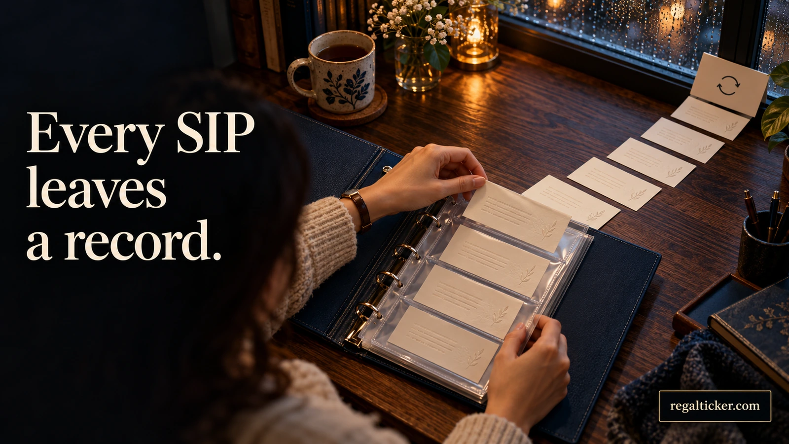 A woman files individual recurring-purchase records into an archive binder, beneath the title Every SIP leaves a record.