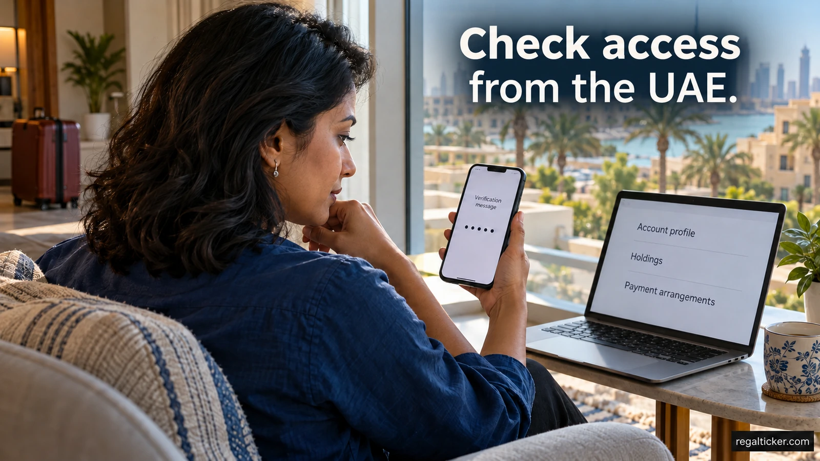 In her UAE apartment, a woman checks a verification message on her phone while reviewing account details on her laptop. Image title: Check access from the UAE.