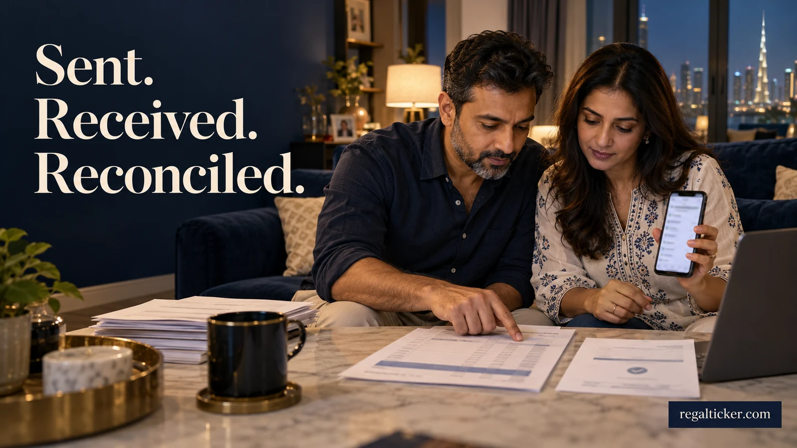 An Indian couple reconciles a transfer reference with the final receiving-bank statement at home in the UAE. Image title: Sent. Received. Reconciled.