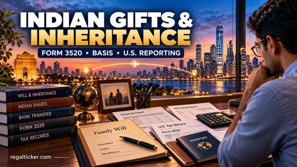 U.S. taxpayer reviewing Indian inheritance documents, Form 3520, Demat statements, bank records and basis evidence